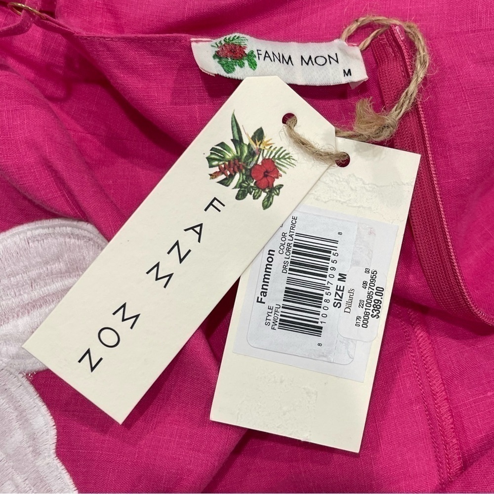 Fanm Mon LORR LINEN LATRICE DRESS Fuchsia Flower Embroidered Pleats Pockets $389 - Picture 10 of 12